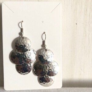 Stamped Circle Dangle Earrings Silver Tone